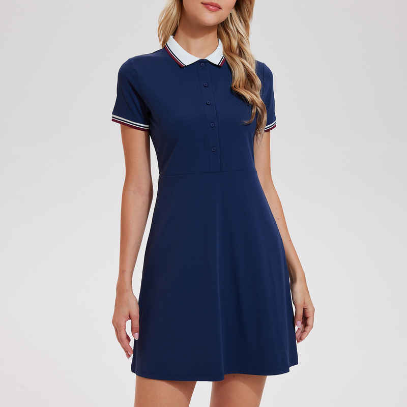 夏日POLO领半袖网球连衣裙女生短袖时尚运动风拼接收腰显瘦速干学院风 WDL2600101